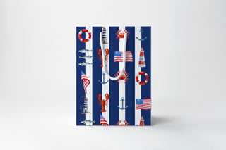 Navy Stripe Coastal Gift Bag | Nautical Americana Lobster Anchor Lighthouse Gift Bag