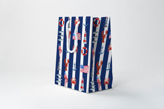 Navy Stripe Coastal Gift Bag | Nautical Americana Lobster Anchor Lighthouse Gift Bag