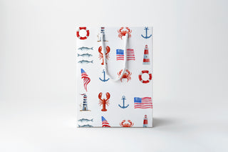 Coastal Americana Gift Bag | Nautical Lobster Crab Anchor Lighthouse Wrapping Bag