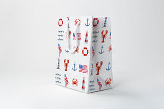 Coastal Americana Gift Bag | Nautical Lobster Crab Anchor Lighthouse Wrapping Bag