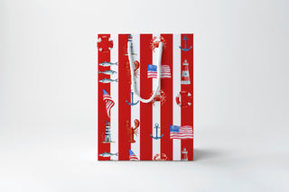 Red Stripe Coastal Gift Bag | Patriotic Nautical Lobster Anchor Lighthouse Gift Bag