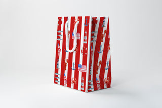 Red Stripe Coastal Gift Bag | Patriotic Nautical Lobster Anchor Lighthouse Gift Bag
