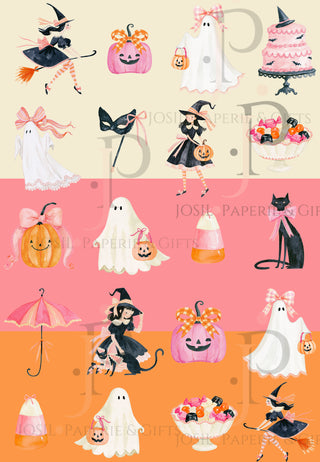 Bewitching Bows Halloween Wrapping Paper – Blush Witches & Ghosts (Set of 3 Sheets