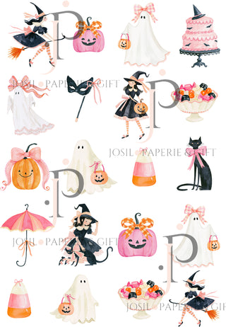 Bewitching Bows Halloween Wrapping Paper – Ivory Witches & Ghosts (Set of 3 Sheets)