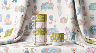 Mahjong Ladies Stacked Coffee Mug Set, 4-Piece Gold