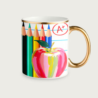 Teacher A+ Gold Rim Mug | Colored Pencil & Apple 11oz Coffee Mug | Teacher Appreciation Gift